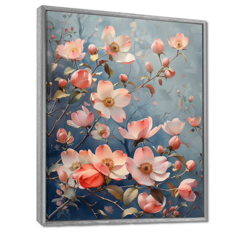 Décoration murale rose et bleu Garden Of Dreams Dogwood III - cornouiller, Encadrement argenté, H 30 po x l 40 po