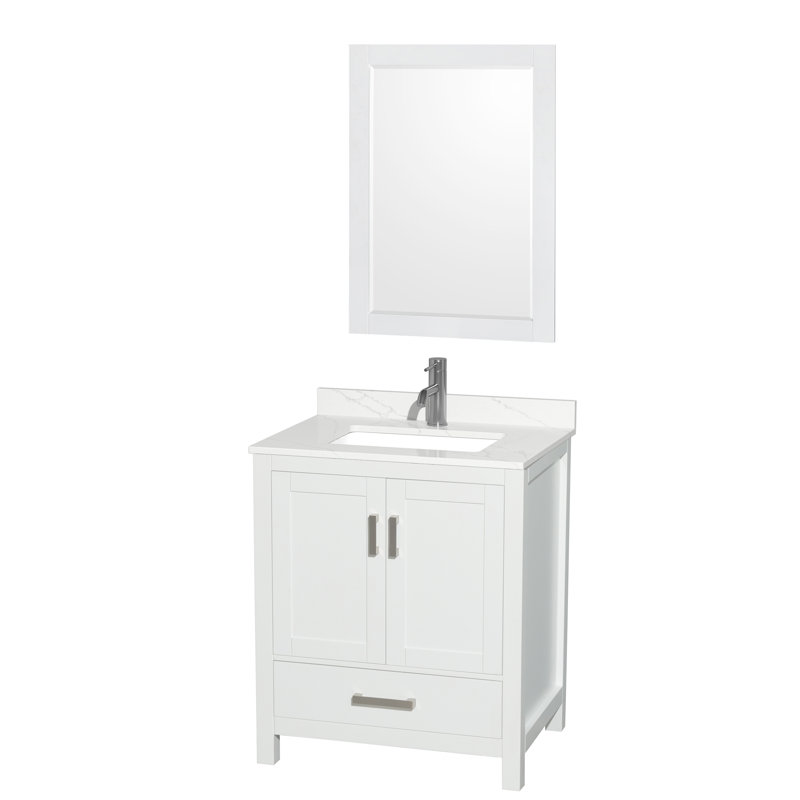 Sheffield 30" Freestanding Single Bathroom Vanity with Quartz Top with 24" Mirror, Chrome, White, Giotto Quartz