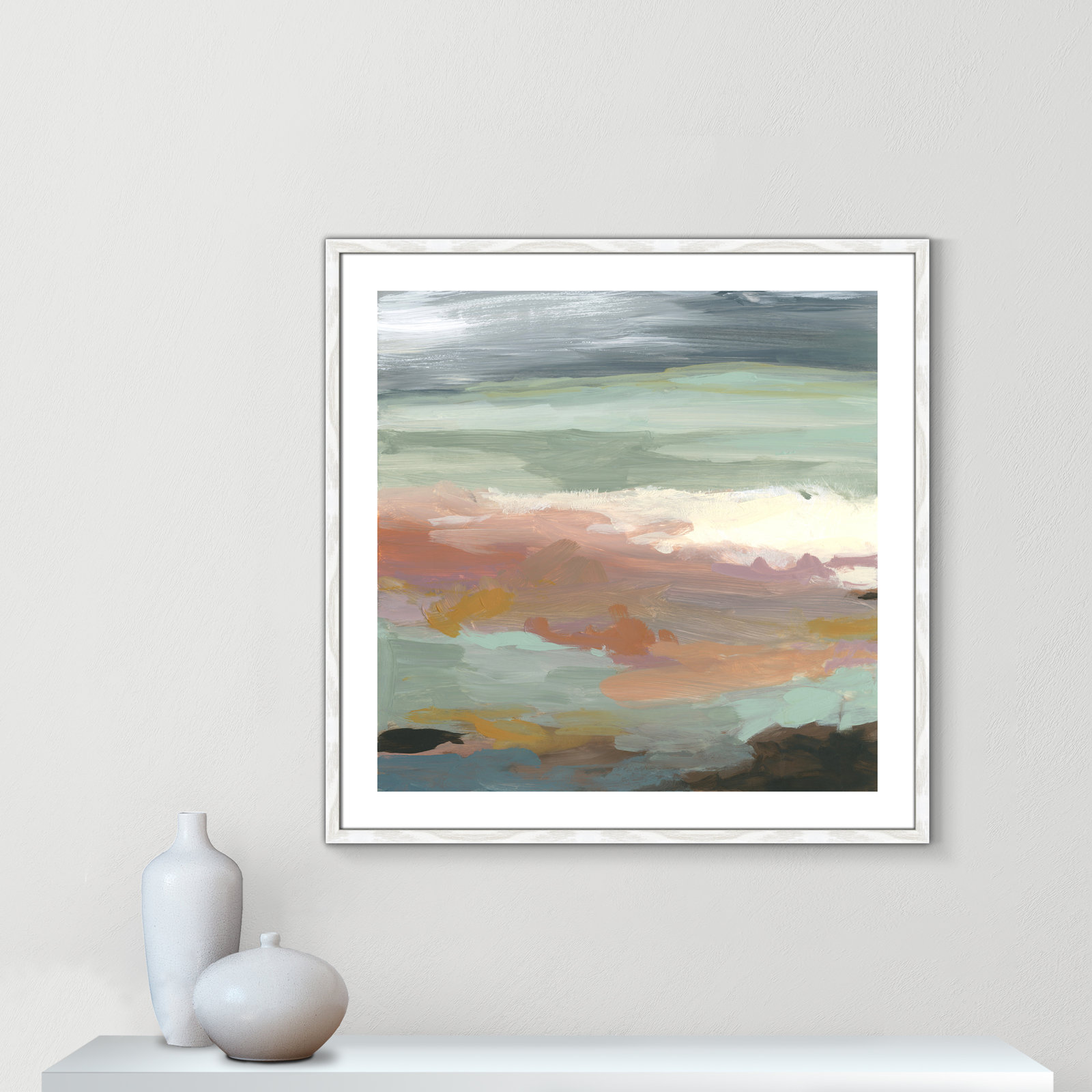 Ocean Bluffs by Carol Robinson - Painting Print on Paper, Picture Framed Paper, 33.25" H x 33.25" W, White Wood