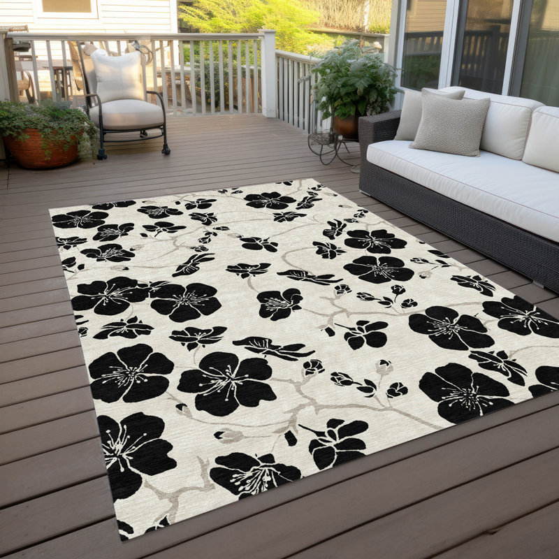 Ivory and Black Floral Synthetic Washable Rectangular Rug