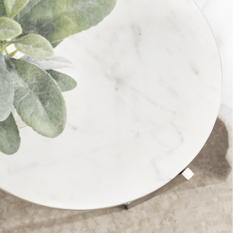 Silver Round Marble and Metal Side Table