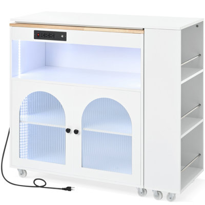 Rolling Kitchen Storage Island With 2 Fluted Glass Doors, White, Practical & Efficient White Compartment - Extended Table, Led Lights, Ports, Door