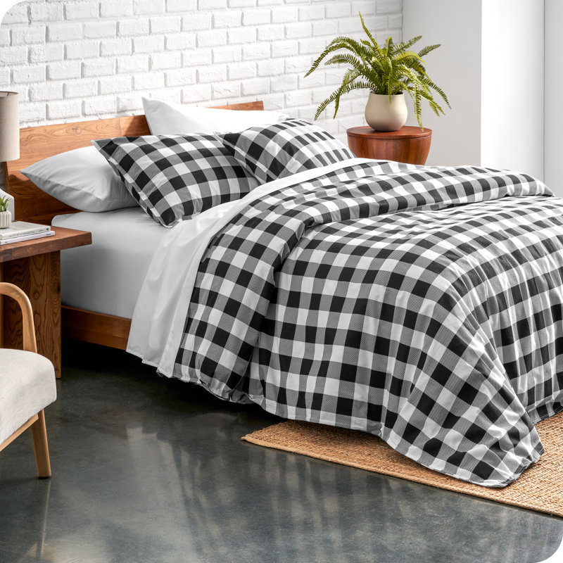Flannel Duvet Cover and Sham Set, Queen Duvet Cover + 2 Standard Shams, White/Black