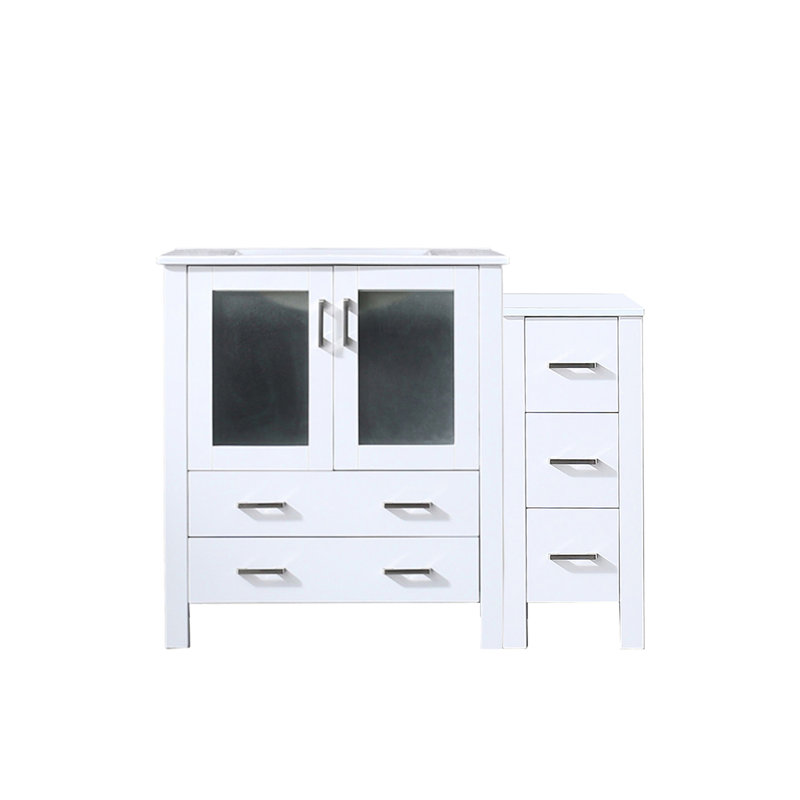 42 po Meuble-lavabo de salle de bain blanc - Armoire latérale en bois massif avec plateau en céramique et fermeture en douceur