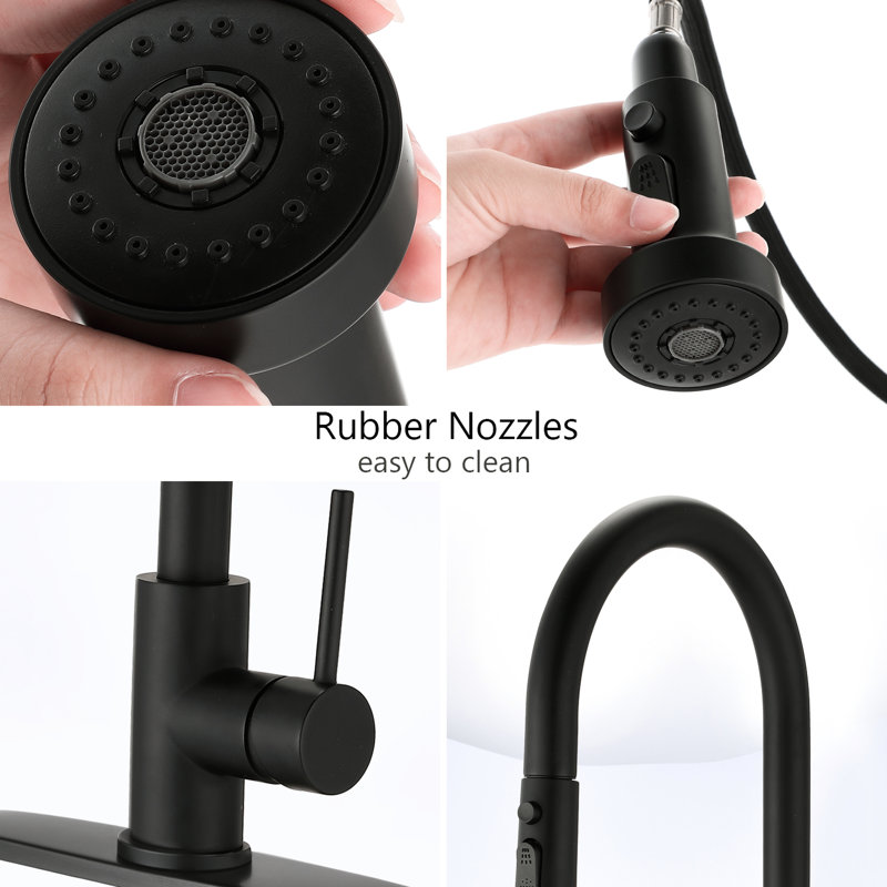 Robinet de cuisine rétractable noir mat - Fabrication en acier inoxydable, aux égratignures et à la rouille, bec rotatif à 360 °, point de jet efficace, bouton-poussoir pour un entretien efficace de l'hygiène de l'évier