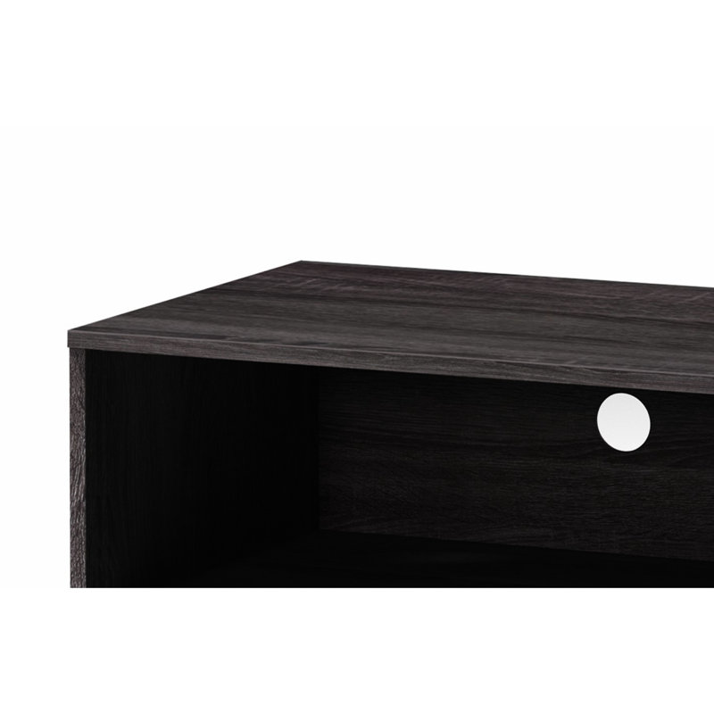 Meuble télé avec 2 tablettes et 1 placard, gris foncé et blanc, idéal pour les téléviseurs de 70 à 79 pouces. Rangement blanc et rangement multimédia idéal.