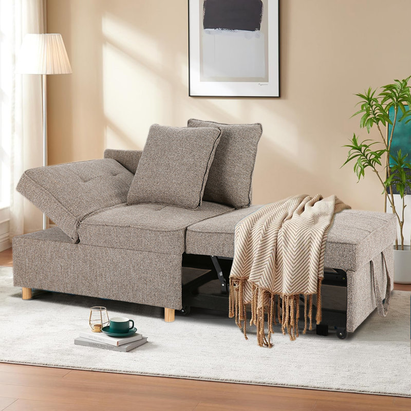 Canapé-lit en lin convertible 4-en-1 Adda de 71 po Adda, fauteuil en lin pour petit espace, canapé-lit futon avec 2 coussins décoratifs pour le salon, fauteuil inclinable simple avec 5 dossiers réglables pour la chambre à coucher