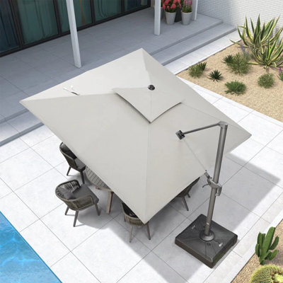 Parasol carré en porte-à-faux de 10 pi avec base et couleurs douces changeant pour parasol, gris clair