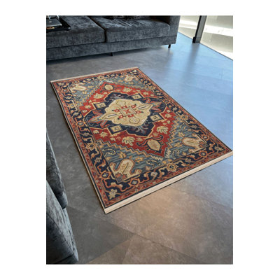 Tapis décoratif rétro traditionnel bleu et rouge lavable à la machine