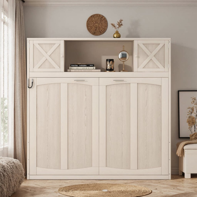 Lit escamotable Hammond peu encombrant avec armoires de rangement, lit mural pliable en bois massif, style rustique, Beige