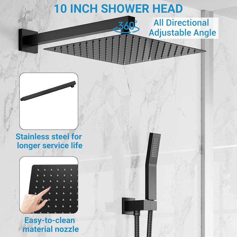 Bathroom Shower Faucet Set, 10 Inch Rainfall Shower Head With Handheld Combo, Wall Mounted Shower System Shower Fixtures With Pressure-Balanced Valve,