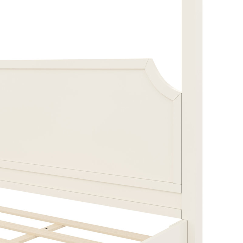 Lit plateforme à baldaquin en bois avec tête de lit et pieds de support, Très grand lit, Creamy White