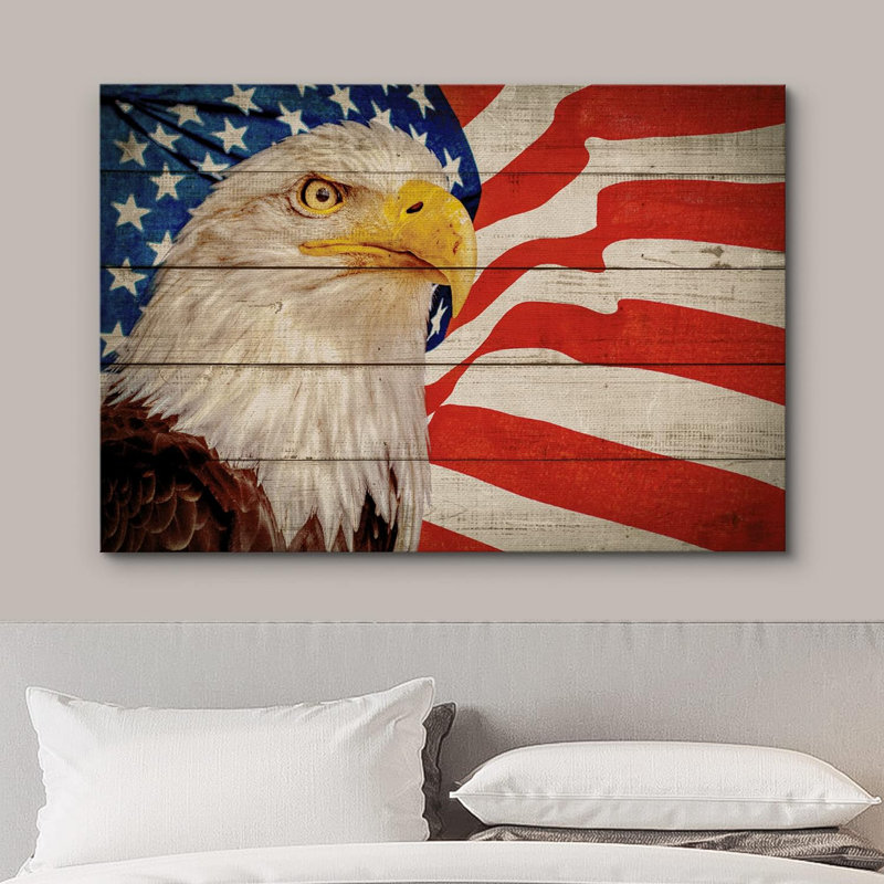 Panneau de bois effet drapeau américain avec aigle à tête blanche sur toile, H 12 po x l 18 po x P 1,5 po