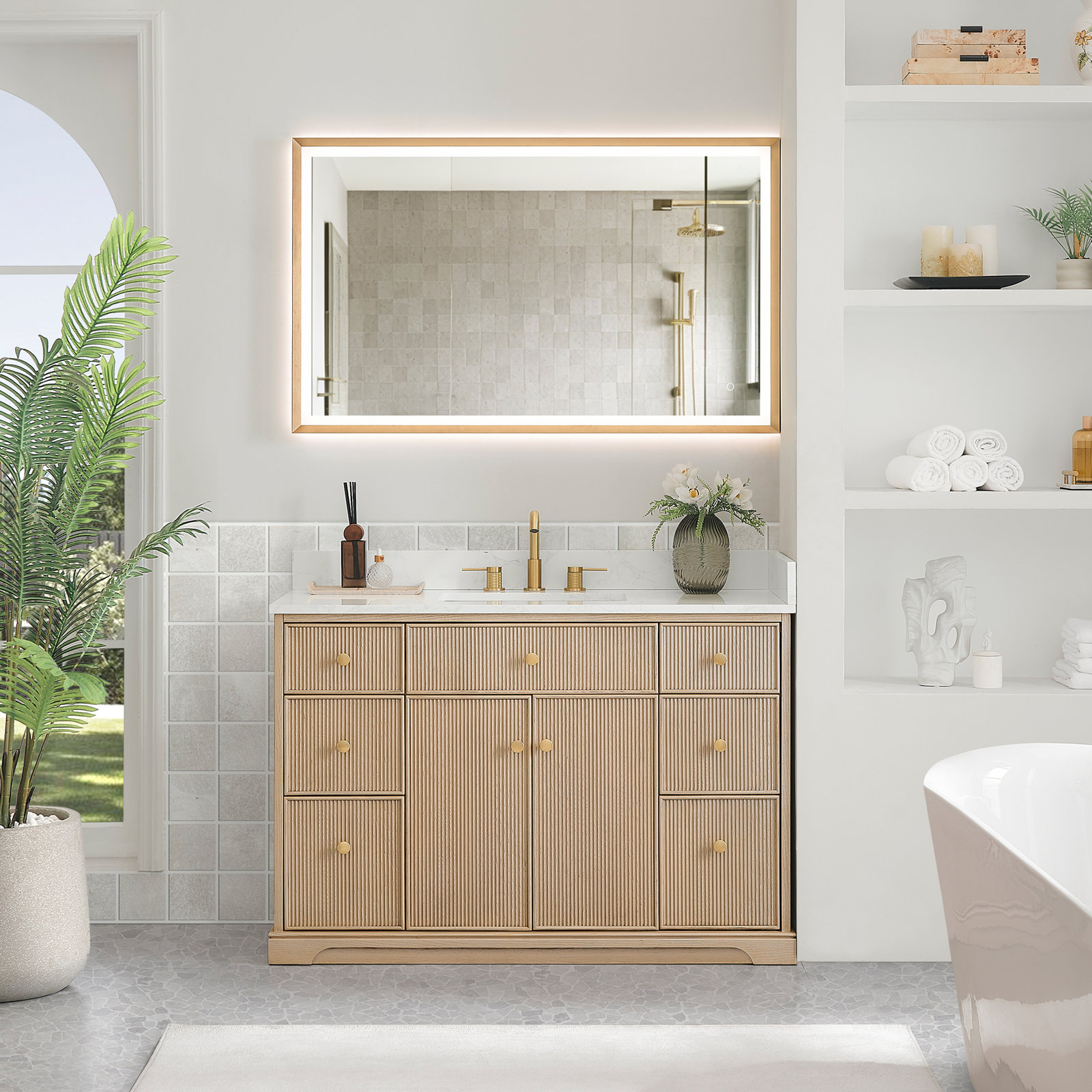 Noe 48" Single Bathroom Vanity in Natural Oak with Grain White Engineered Stone Countertop No Mirror