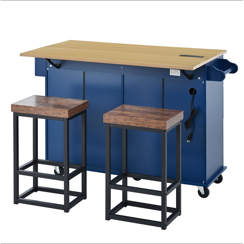 Farmhouse Kitchen Island with Drop Leaf and 2 Seatings, Kitchen Table Set with Storage Cabinet, Drawers, Door Shelves and Power Outlet