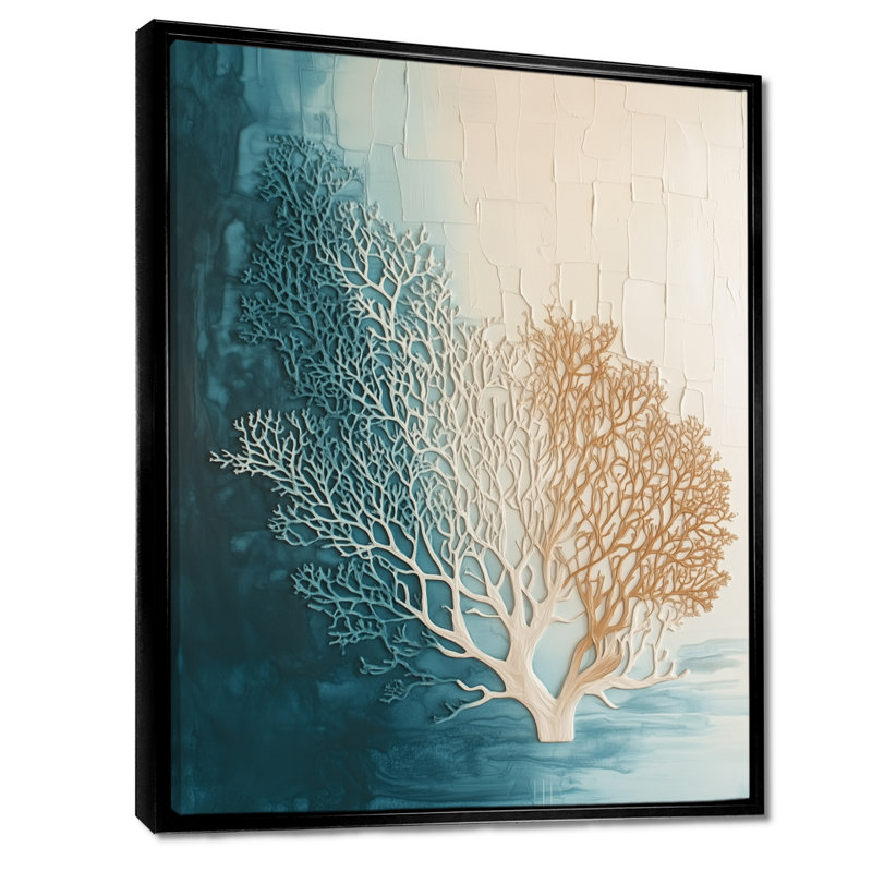 Midnight Coral Study I - art mural encadré côtier, H 40 po x l 30 po, Cadre flottant noir