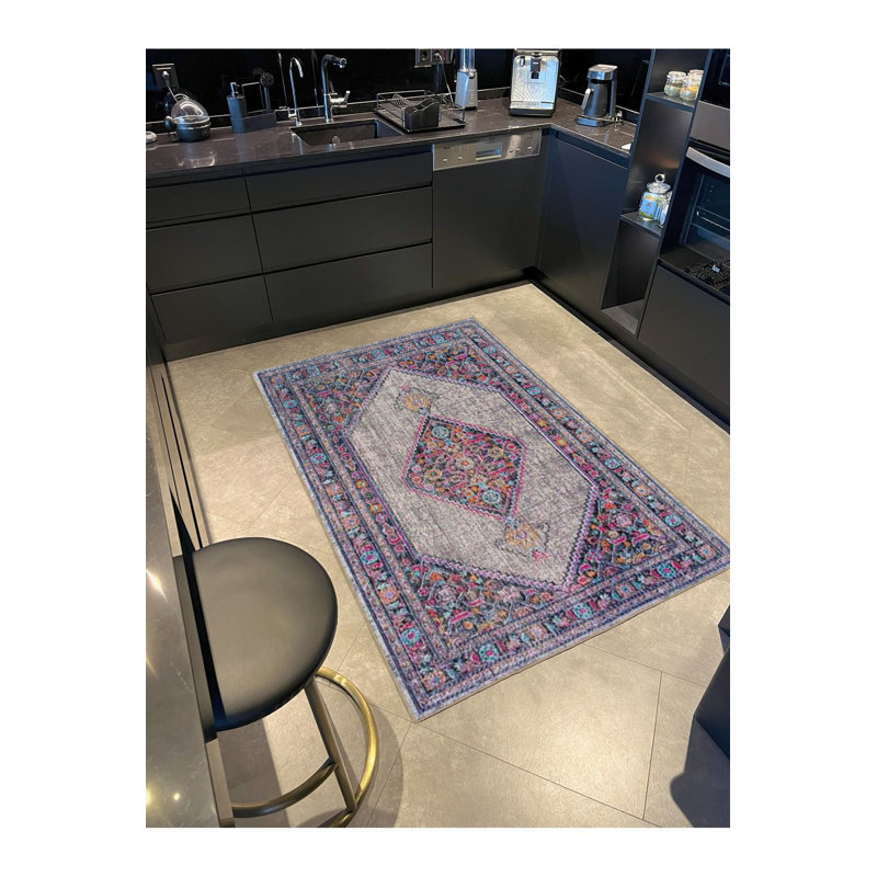 Tapis lavable mauve à motif tissé traditionnel, Sous-tapis carré 3 pi 3 po inclus