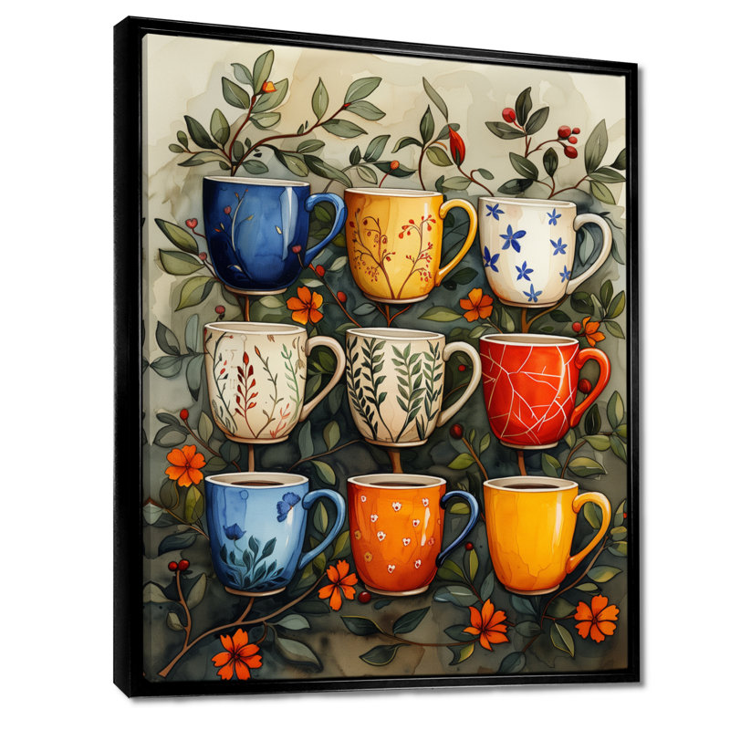Tasse de café rouge et bleu Boho Morning - décor mural café, Cadre flottant noir, H 12 po x l 20 po