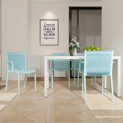 55 Inch White Modern Long Table, 4Pcs Blue Stackable Pp Armchairs, Indoor/Outdoor Use, All-Weather Durability, Metal Legs, Non-Slip Foot Pads, Ergonomic Chair Contour, High-Grade Tabletop, -, , , &