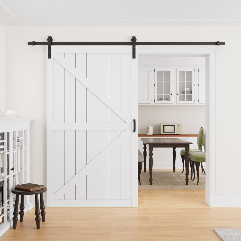 Porte de grange coulissante moderne de 84 po de hauteur | Peut être peinte en surface apprêtée | Porte de garde-robe avec trousse d'installation et quincaillerie à fermeture en douceur