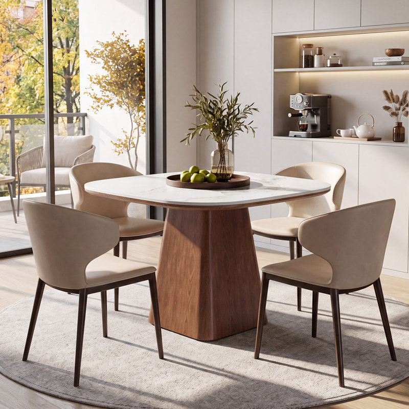 Table de salle à manger carrée 35,4 "avec plateau en pierre frittée, marbre blanc avec veinage naturel gris
