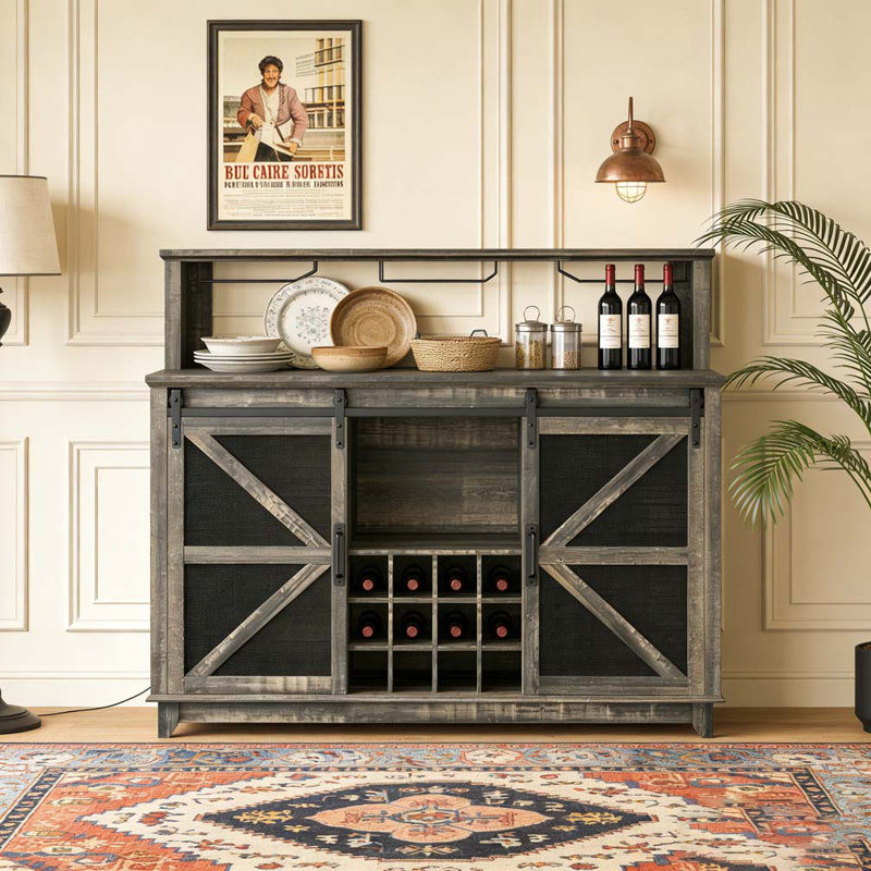 Armoire à vin, armoire à café avec lumières, porte-bouteilles et porte-verres