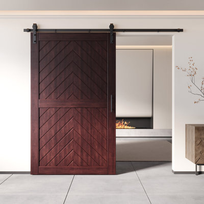 Homacer Red Mahogany 42 in. x 80 in. Finished & Unassembled 4-IN-1 Fishbone Design Barn Door with Non-Bypass Installation Hardware Kit, 7.5ft track, interior use only