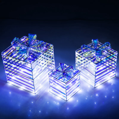 3 Pcs Christmas Lighted Gift Boxes Pre-Lit 90 Led Light Up Present Box Decorations