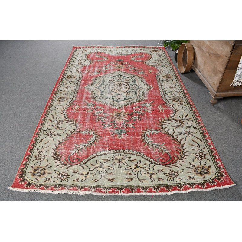 Grand tapis rouge Anatolian Oushak en laine idéal pour la décoration de salle à manger rouge / vert