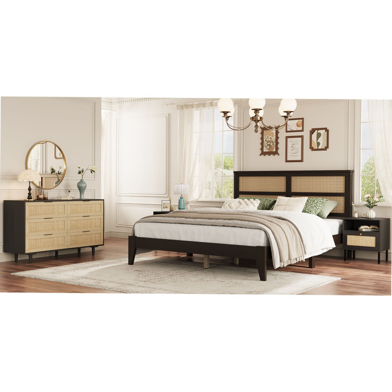 Aimara 3-Piece Bedroom Set, 51" Rattan 6 Drawer Dresser & Nightstand Set of 2, Black