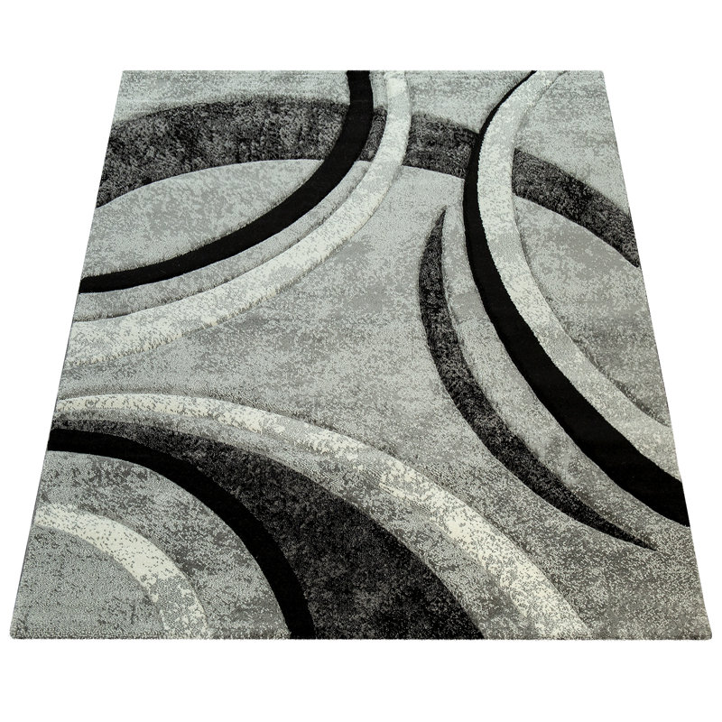 Tapis gris / noir en polypropylène tissé à la machine à motif abstrait Andalasia, Rectangle 2 pi 8 po x 4 pi 11 po