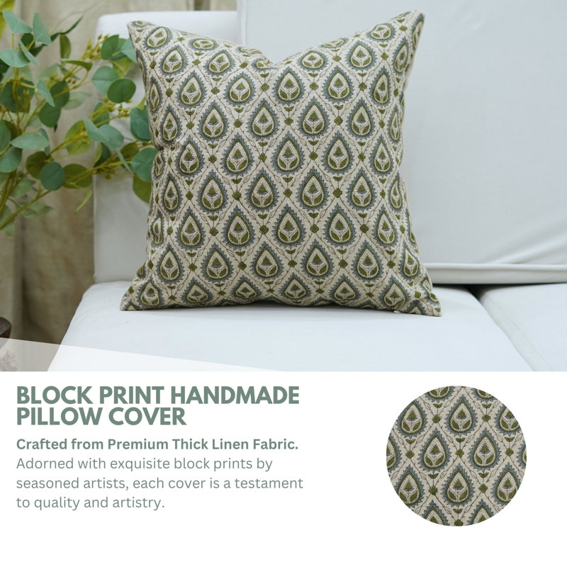 Fabdivine Pillow Cover Handmade Block Print Cushion-Sun Flower, Rectangular 20"H x 12"W, Green Block Print/Floral 3