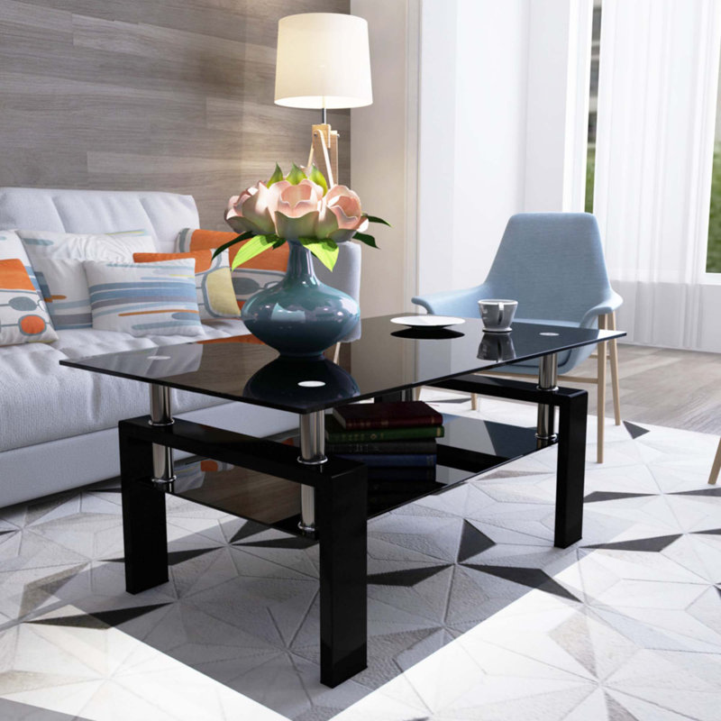 Table basse rectangulaire en verre noir, Noir, H 17,7 po x L 38,6 po x l 22,6 po, Noir