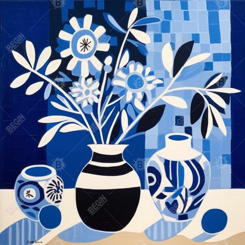 Vases bleus - Toile abstraite illustrative pour la décoration intérieure, H 36 po x l 36 po