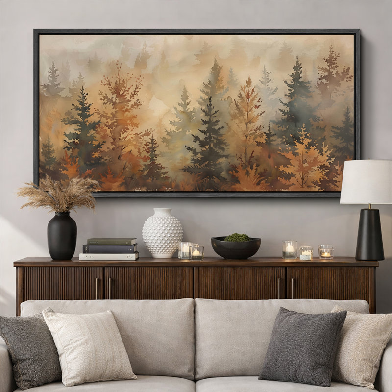 Pine Tree Forest Artwork, Autumn Wall Pictures, Giclee Canvas Digital Print Extra Large Framed Wall Art, 30" H x 60" W, Black