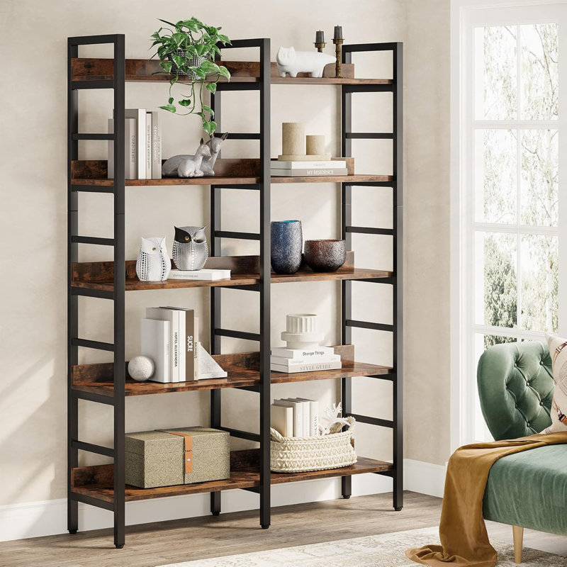 5-Tier Rustic Double Wide Industrial Bookshelf