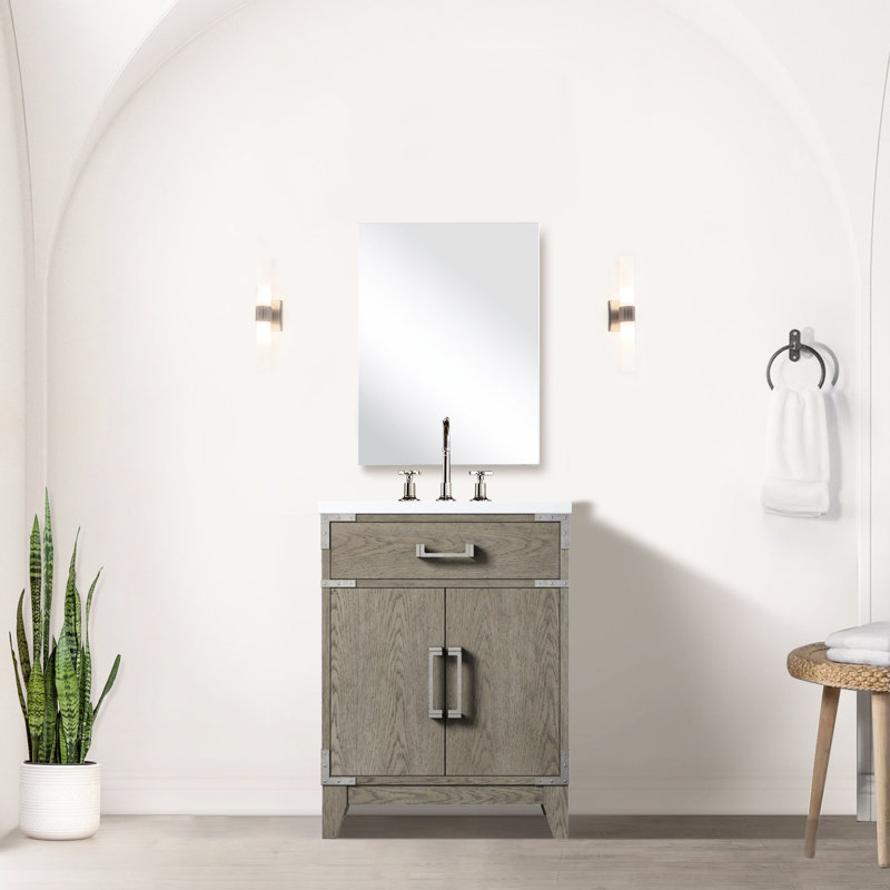 Meuble-lavabo gris 24 po x 18 po avec comptoir en acrylique scellé, robinet, 24 po Miroir l 24 po x P 18 po, Gris