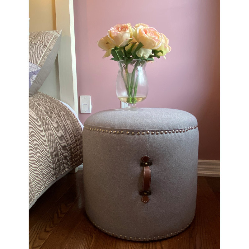 Johnny Fabric Upholstered Round Pouf Ottoman with Faux Leather Handle, Light Gray Polyester