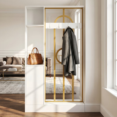 71" Tall Room Divider with Storage & Hooks, Modern Freestanding Entryway Coat Rack, White & Gold Accent Partition for Living Room & Hallway