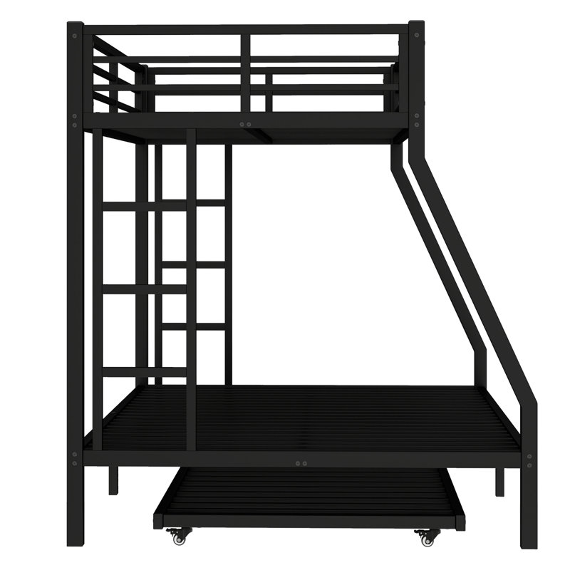 Lit superposé simple au-dessus d'un lit double avec lit gigogne - Structure, réducteur de bruit, peu encombrant, garde-corps, pieds renforcés faciles à assembler, instructions claires