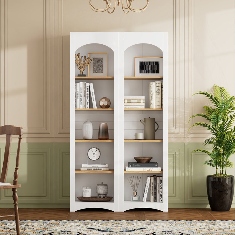 Free Standing 5 Tier Bookshelves, Bookcases Set Of 2, Farmhouse Two-Tone Storage Cabinet With Adjustable Shelves, Modern 72"H Kitchen Pantry Cabinet For Living Room, Home Office