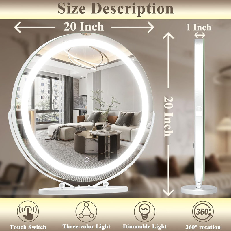 Jimya Stepless Dimmable Round LED Desktop Mirror with 360° Swivel, White