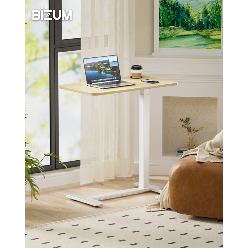 Bizum Adjustable Bedside Table With Swivel Hidden Wheels Pneumatic Rolling Desk Mobile Standing Desk With Cup Holder For Hospital