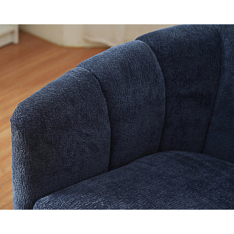 Fauteuil demi-tonneau pivotant moderne Wolle, Chenille bleue marine, Bois brun