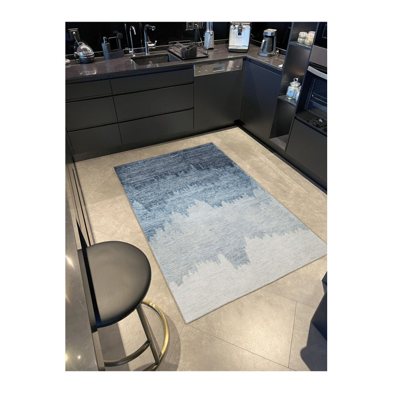 Tapis décoratif moderne bleu à motif abstrait lavable à la machine, Tapis de couloir 3 pi 3 po x 6 pi 7 po inclus