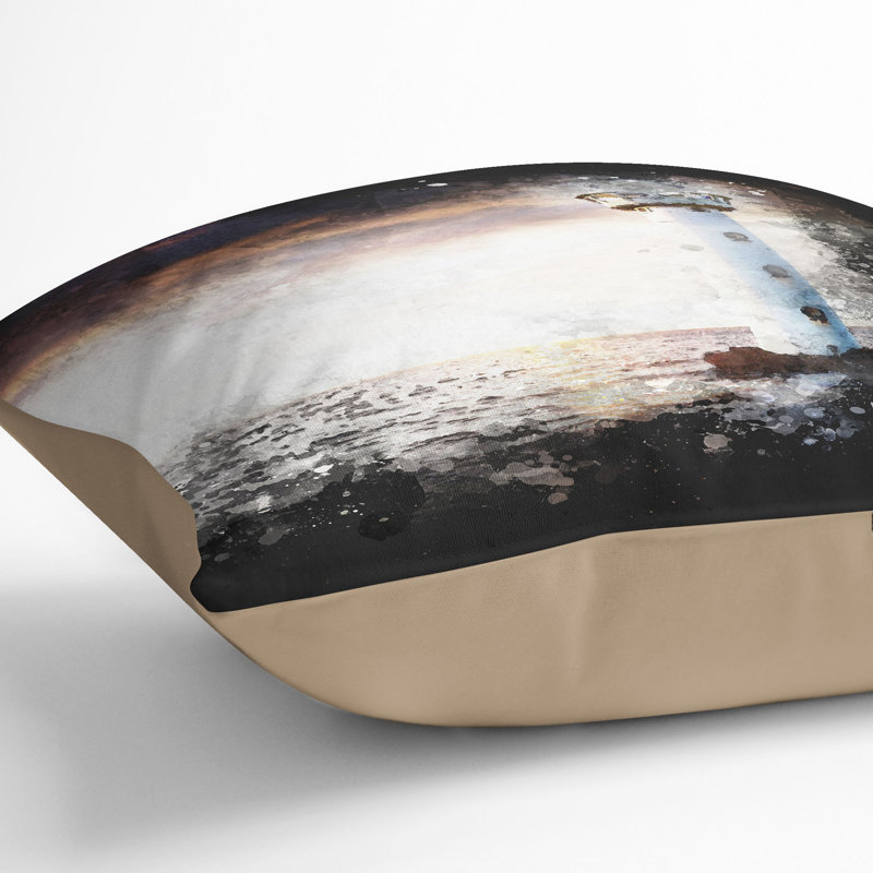 Lighthouse and Seascape Evening Glow Paint Splash Cushion with Filling, 55cm H x 55cm W x 20cm D, Stone
