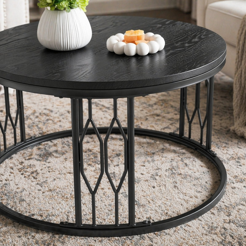 Walnut-Colored Round MDF Coffee Table, 27.5-Inch Diameter. A Round Coffee Table For The Living Room Featuring A Rustic Industrial Design, With Sturdy Metal Frame Legs And Easy Assembly.