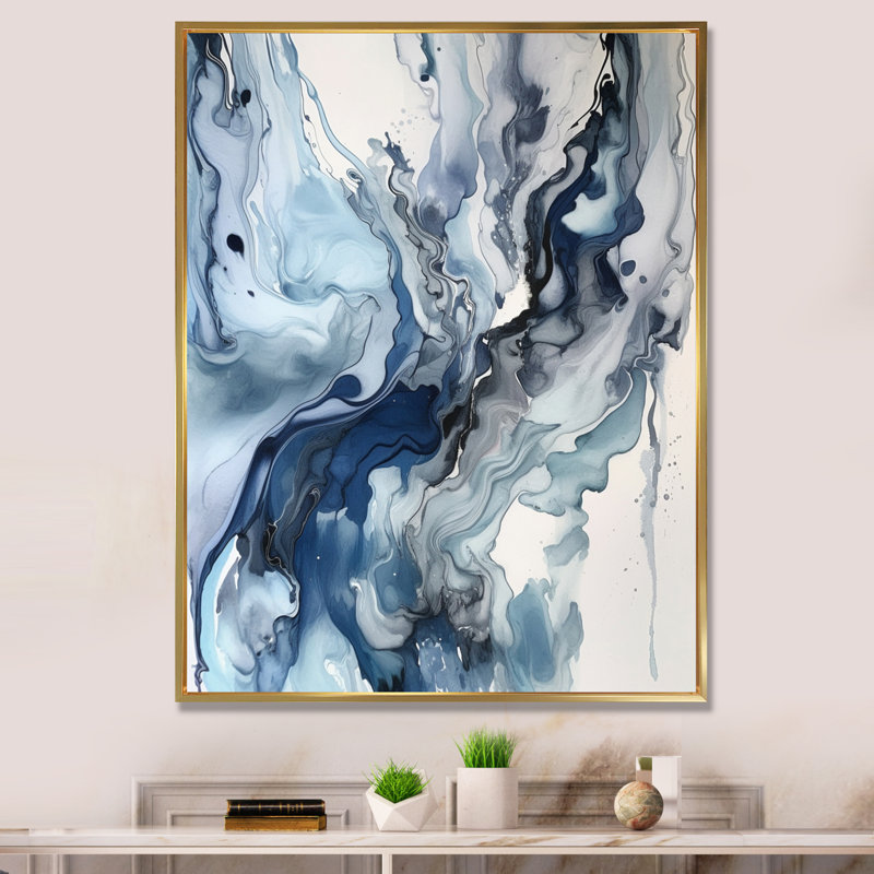 Bleu et gris Elixir éthéré II - art mural abstrait, Doré, H 44 po x l 34 po, Reproduction avec cadre flottant