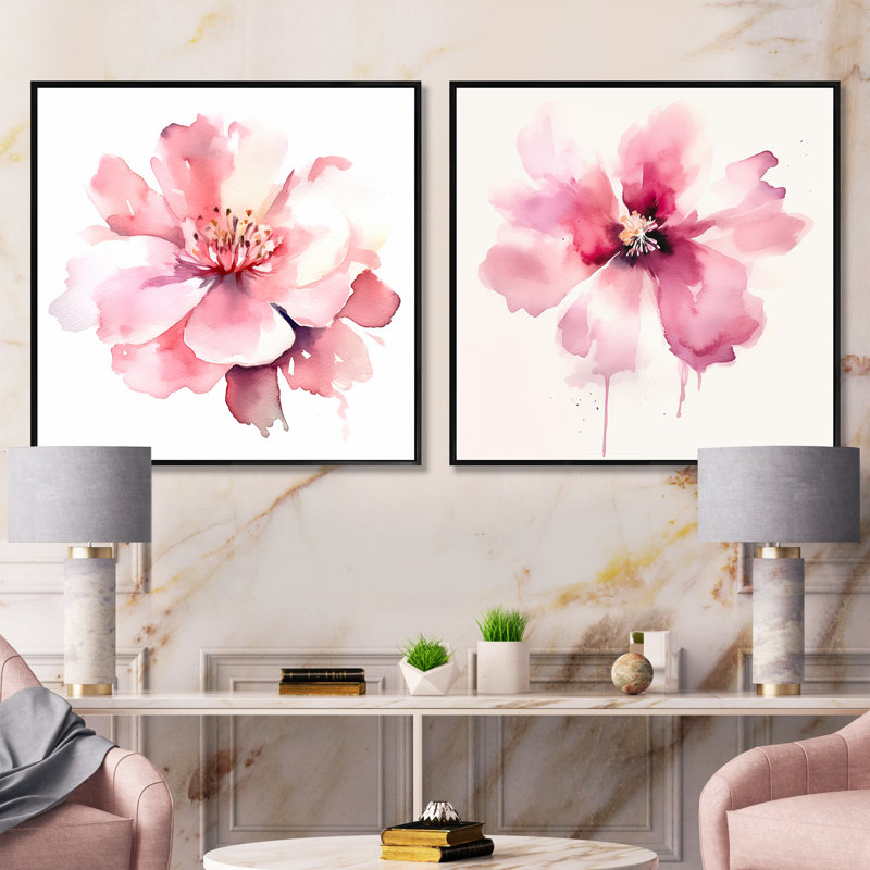 Pétunia rose et bleu sur fond blanc - ensemble de 2 fleurs carrées, Cadre flottant noir, H 16 po x l 33 po