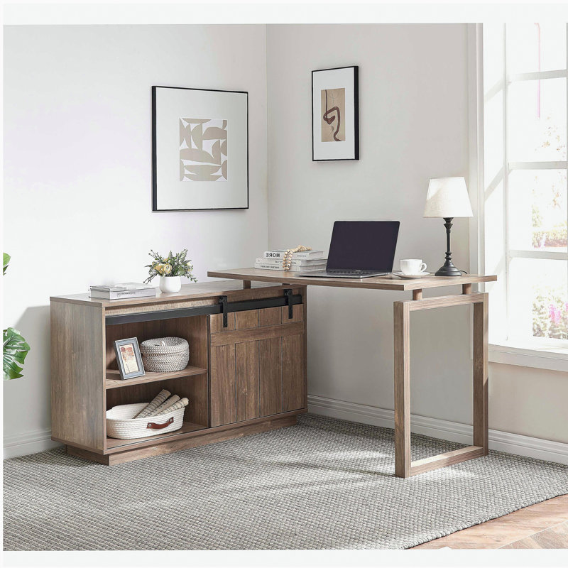 Bureau en forme de L Bureau de travail à domicile attaché crédence de rangement porte de grange coulissante finie à l'arrière réversible noisette